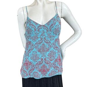 Y2K INC 100% Silk Blue & Pink Damask Beaded Hem Babydoll Tank Top Size 14